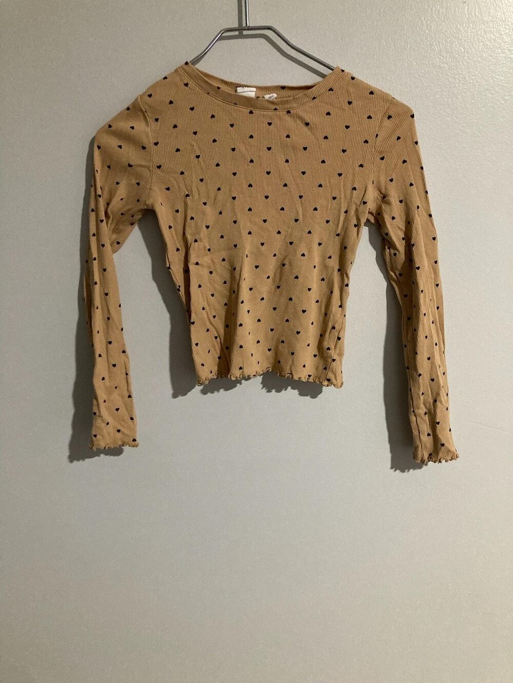 GAP Kids Shirt Girls 10-11 Years Beige Ribbed Long Sleeve Heart Print Ruffle